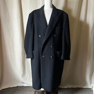 Vintage Black Wool Overcoat Mens XL Double Breasted Long Minimalist Coat